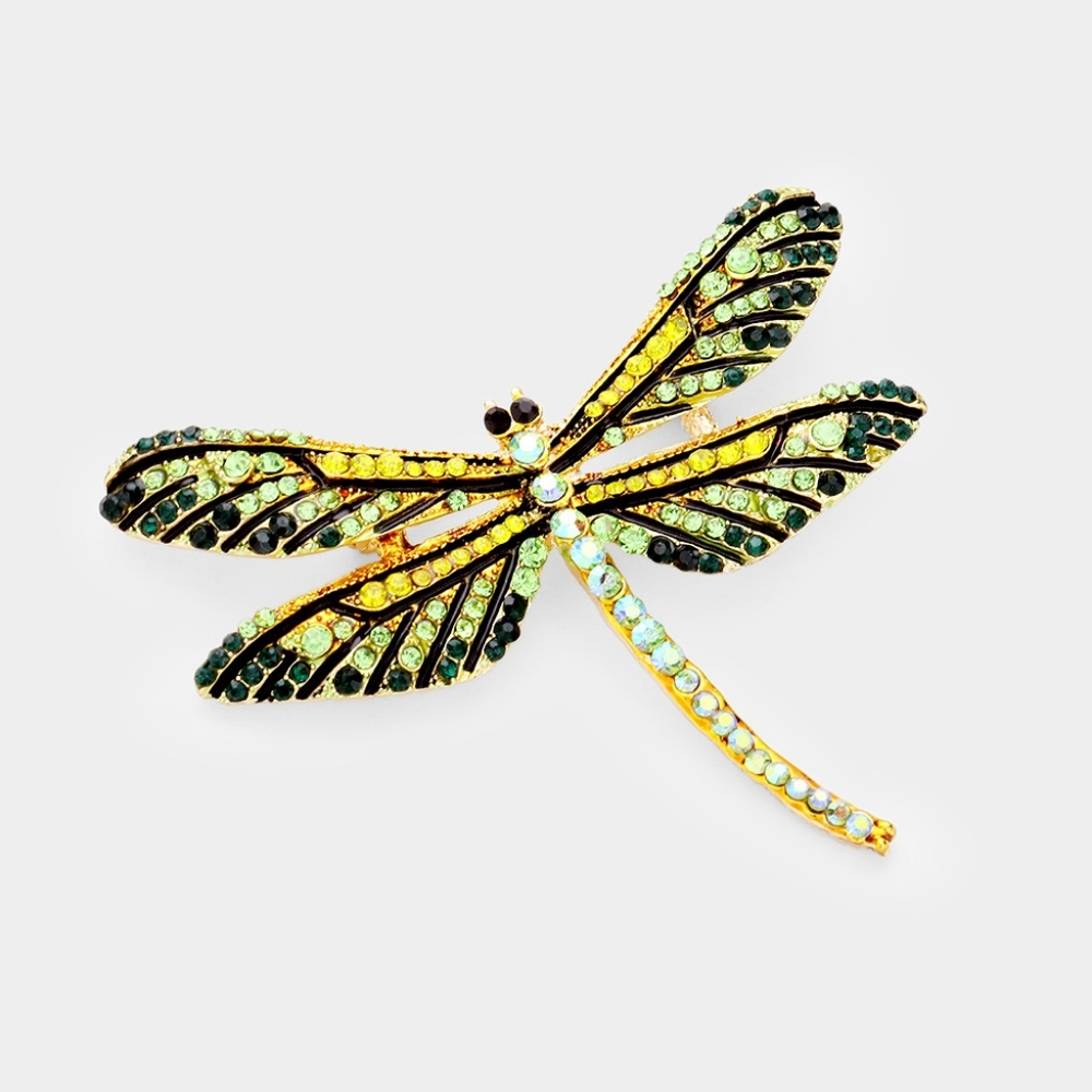 Green Dragonfly Pin Rhinestone Crystal Brooch Statement Accessory